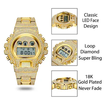 18k Aukso Vyrai Žiūrėti Skaitmeninis LED Sporto Laikrodžiai Lediniame Iš Deimantų Laikrodžiai Vyras Hip-Hop Multi-Function, Vandens Šoko Įrodymas Žiūrėti