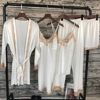 2018 Moterų Atlasas Sleepwear 5 Vnt Pižamos Sexy Nėrinių Pižama Miego Lounge 