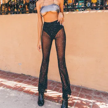 2019 Paillette Kelnės Moterims Shinny Sparkle Matyti Per Kelnes Vasaros Streetwear Flare Kelnės Paplūdimio Kelnės Atsitiktinis Ponios Kelnės