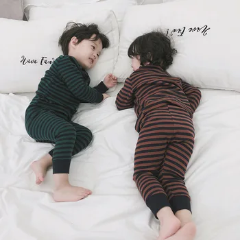 2019 korėjos Naujas Berniukų ir Mergaičių naktiniai marškiniai, pižamos Komplektas Vaikams ilgomis Rankovėmis Dryžuotas Viršūnes+kelnes 2vnt Vaikai, Kūdikis Sleepwear Medvilnės Atsitiktinis Kostiumas
