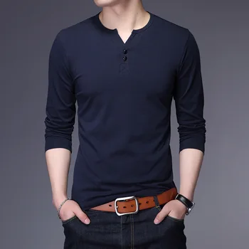 2019 m. Rudenį Nauji vyriški Medvilniniai marškinėliai Mados Atsitiktinis Slim Fit V-kaklo, ilgomis rankovėmis T-shirt Prekės Rūbai