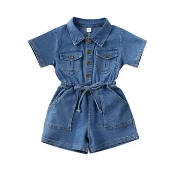 2019 m. Vasarą Baby Girl drabužius trumpomis rankovėmis Džinsinio Romper Bamblys Vaikai apskritai Vienas Gabalas mygtuką Jumpsuit tvarstis Apranga, Drabužiai