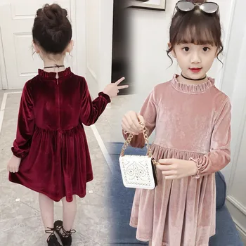 2019 vaikams žiemos suknelės mergaitėms rudenį mokykla, vaikų drabužiai 4-11 metų amžiaus paauglės, aukso aksomo suknelės, šaliai