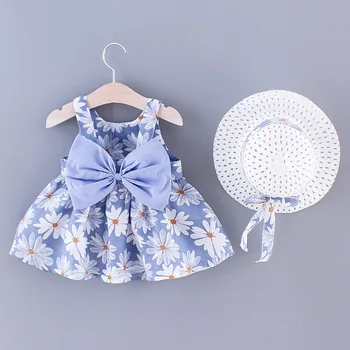 2020 Naujas Mados Baby Girl Suknelės Princesė drabužių Mielas 2vnt nustatyti Šalies Medvilnės Gėlių Vaikai Lankas Skrybėlę Rankovių Saldus 1-3Y