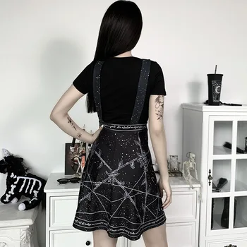 2020 Naujas Pentagram spausdinti suspender suknelė Retro Harajuku black, gothic lolita Klostuotas Mini dirželis Sijonai šalis suknelė