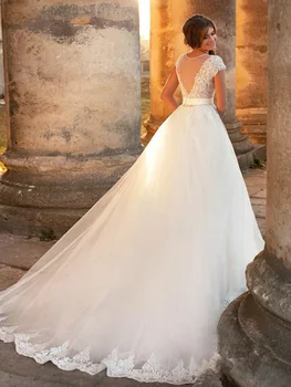 2020 Vestuvių Suknelė Custom O-kaklo trumpomis Rankovėmis, Tiulio Nuotakos Suknelės, permatomas Nėrinių Aplikacijos A-Line Bridal Gown Chalatas De Mariee