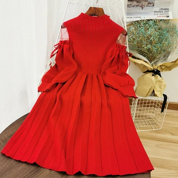 2020 m. Rudenį Naujų Saldus lankas-Line Mezgimo Suknelė Moterims Princesė-Pusę Apykaklės Sluoksniuotos Rankovėmis Tinklelio Suknelė High Waisted vestido de mujer