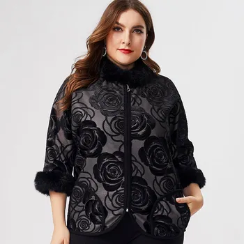 2020 m. Rudenį Plius Dydis moterų drabužiai ilgomis rankovėmis, siuvinėta Gėlių juodos striukės mados ponios Derliaus elegantiškas Paltas