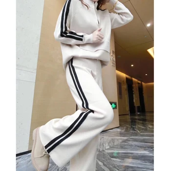 2020 m. pavasarį naujas megztas atsitiktinis sportinis kostiumas moteriška užsienio stiliaus madingas megztinis platus kojų kelnės dviejų dalių banga