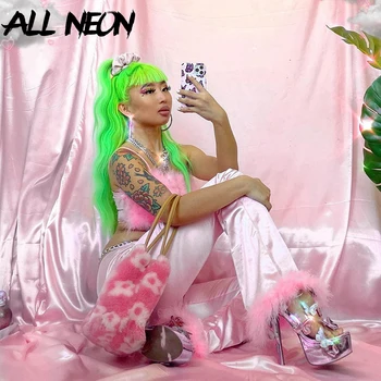 ALLNeon E-girl Saldus Hot Pink Slim Aukšto Liemens Kelnės su Plunksna Derliaus Rudenį Rave Festivalyje Šalies Blyksnius Ziajać Y2K Kelnės 2020 m.