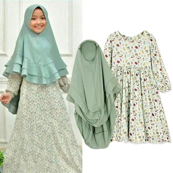 Abaja 2vnt Musulmonų Suknelės Mergaičių Kostiumai Vaikams Islamo Drabužių Vaisių Spausdinti Artimųjų Rytų 1 Suknelė+1 Hijab turkijos Kaftan Suknelė