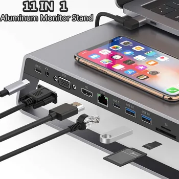 Aliuminio Stebėti Stovėti Docking Station su USB C Hub Paramos 4K HDMI VGA TF Kortelę Belaidžio Mokestį, Naują Atvykimo