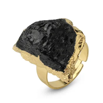 Atidaryti Žiedas Nereguliarus Akmens Aukso Metalo Bezel Juodas Turmalinas Mėlyna Kristalų Mielas Piršto Uodega Žiedai Moterų Papuošalai