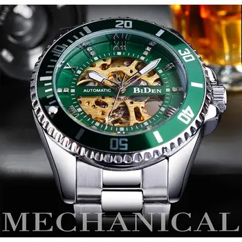 BIDĖ Žalia Skeletas Dial Diamond Dizaino Automatinis laikrodis atsparus Vandeniui Nerūdijančio Plieno Šviesos Vertus, Vyrai, Verslo Mechaninė Žiūrėti