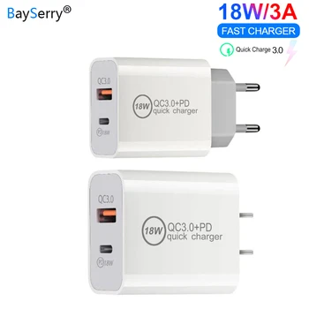 BaySerry USB Įkroviklis 18W ES MUMS Prijunkite USB PD+ QC 3.0 Greitas Įkroviklis Du Elektros Prievadai AC Maitinimo Adapteris, Skirtas Kelionės iPhone / Tabletės