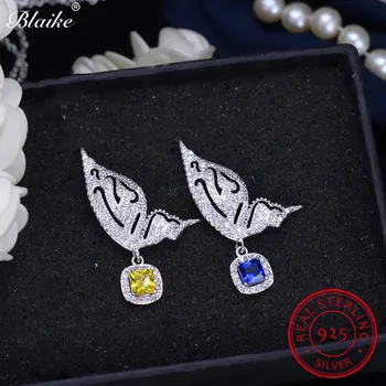 Blaike Prabanga Fine Jewelry Geltona Topazas Drugelis Lašas Auskarai Moterims 925 Sterling Silver Blue Sapphire Birthstone Auskarai