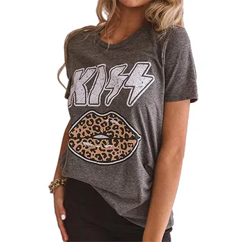 Bučinys Laišką Leopard Lūpų Spausdinti Moterų Tshirts Mielas Grafinis Vintage marškinėliai Priežastinis Harajuku Vasaros Negabaritinių Drabužius, Moterų Topai