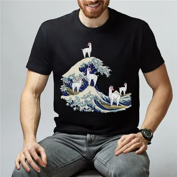 Didžiosios Kanagawa Banga T-Shirt Mielas Lama Spausdinti Marškinėliai Alpaka Trumpas Rankovėmis Tee Vyriška Moteriška Tee Marškinėliai