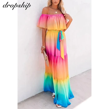 Dropship Kaklaraištis Dažų Paplūdimio Aukšto Juosmens Moterų Suknelės 2020 Metų Vasaros Drugelis Rankovės Varčias Seksualus Off Peties Nėrinių Big Swing Suknelė