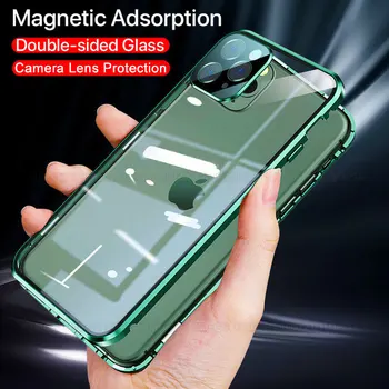Dvipusis Stiklo Magnetinės Metalo Telefono dėklas skirtas IPhone 12 11 Pro XS Max XR 7 8 6 Plius su vaizdo Kameros Objektyvo Apsaugos Magneto Dangtelis