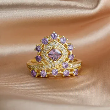 Elegantiška Moteriška Violetinė Crystal Akmens Žiedas Derliaus Aukso Spalvos Vestuviniai Žiedai, Moterų, Prabangos Didelis Karūna Cirkonis Vestuvinis Žiedas