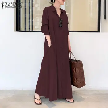 Elegantiškas, Kietas Marškinėliai Suknelė Moterų Rudenį Sundress 2021 ZANZEA Atsitiktinis ilgomis Rankovėmis Maxi Vestido Moterų Atvartas Mygtuką Drabužius, Plius Dydis