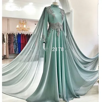 Elegantiškas Musulmonų Vakaro Suknelės-line Ilgą Šifono Rankovėmis ir Nėrinių Zawalcowany Islamo Dubajus, Saudo arabų Ilgai Oficialų Vakare Gown