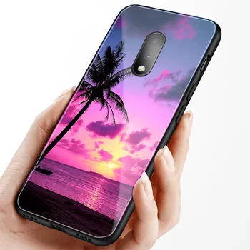 Estetinės palmių saulėlydžio už OnePlus 6 6t 7 pro prabanga grūdintas stiklas telefono padengti TPU minkšto silikono sklandžiai coque shell