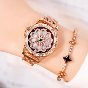 Feminino Relogio Moterų Žiūrėti Elegantiškas Kvarcinis Laikrodis Gėlių Juda Dial Prabangūs Suknelė Reloje Kristalų Mujer Metalo, Plieno Laikrodis
