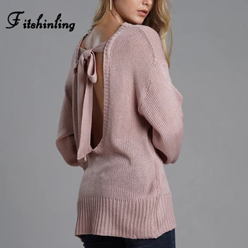 Fitshinling Backless bowknot džemperis moterims mados slim seksualus rožinis megztinis (puloveris) moterų drabužiai, trikotažo gaminiai žiemos megztiniai