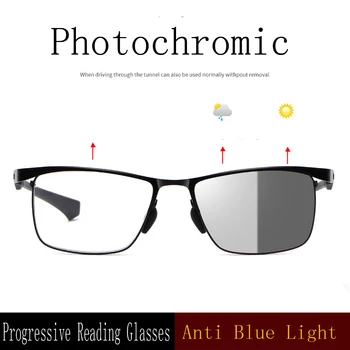 Gamyklos Tiesioginės Baigtas Vyrai Palaipsniui Multi-Dėmesys Skaitymo Akiniai TR90 Rėmelis Photochromic Presbyopic Stiklai Anti-mėlyna Šviesa