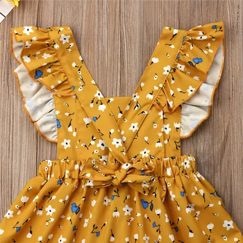 Geltona kūdikių mergaičių gėlėti vasaros suknelė be rankovių aikštėje apykaklės plisuotos suknelės mados backless gėlių spausdinti sundress vaikas