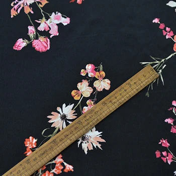 Gėlių spausdinti ant juodo gryno šilko krepo de chine audinio plotis 134cm suknelė,SCDC1190
