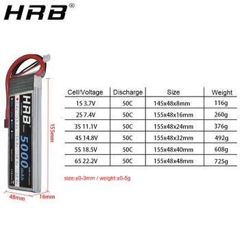 HRB 5000mah 11.1 V Lipo Baterija 14.8 V 50C T Dekanai XT60 EB5 7.4 V 2S 3S 18.5 V 22.2 V FPV Lėktuvas, Valtis 4WD Automobilių, RC Dalys, 4S 5S 6S