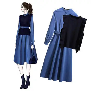 ICHOIX Megztus liemenė moterims 2 dalių komplektas korėjos stiliaus ilga suknelė office ponios elegantiškas žiemos dress 2 gabalas, komplektai, mėlyna 2vnt suknelė