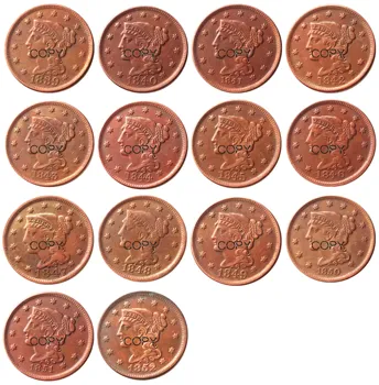 JAV Monetų (1839-1852) 14pcs Datas Pasirinko Pintų Plaukų Didelės Centų Vario Monetas