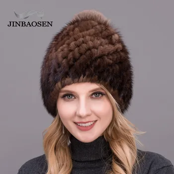 JINBAOSEN nauja storų moterų skrybėlę karšto parduoti nekilnojamojo audinės kailio kepurę ponios žiemos trikotažo vandens kepurė su lapės kailio pompoms