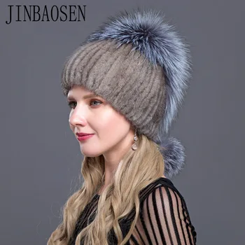 JINBAOSEN rusijos audinės kailio kepurę bžūp ūdra su fox kartu su kailių mados kepurės megztos vilnos linijinės žiemos moters kailio slidinėjimo kepurę