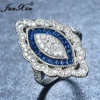JUNXIN Boho Moterų Blue Stone Markizė Žiedai, Moterų, Vyrų, Sidabro Spalvos Baltas Cirkonis Didelis Vestuvinis Žiedas Papuošalai
