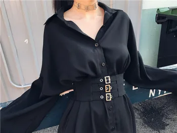 Juodos Spalvos Pastelinės Gotikos Ilgomis Rankovėmis Marškinėliai Moterims Palaidinė Metalo Diržo Dizainas Palaidinės Gotikos Merginos Tamsiai Mados