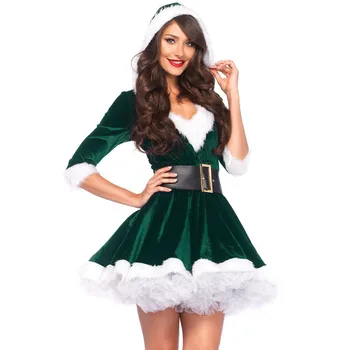 Kalėdų Senelio Kostiumas Žalia Elf Kalėdos Šalis Suknelė Deluxe Aksomo Kalėdų Suknelė su Gobtuvu Seksualus Kalėdų Eglutė Drabužių nemokamas pristatymas