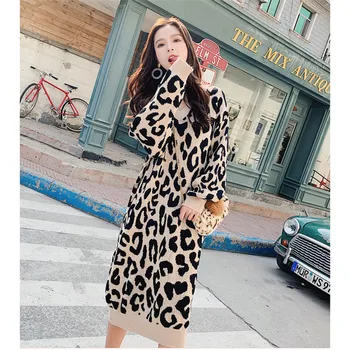 Kašmyras Plus Size Ilgai Leopard Megztinis Suknelė Ilgomis Rankovėmis V-Kaklo, Leopardas Spausdinimui Prarasti Suknelė 2019 M. Rudenį, Žiemą Moterų Suknelės