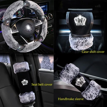 Kristalinis Deimantas Žiemos Pliušinis Automobilio Vairo Apima Rankinis Stabdis Saugos Diržų Pečių Pagalvėlės Dangtis Auto Reikmenys Rankenos Padengti