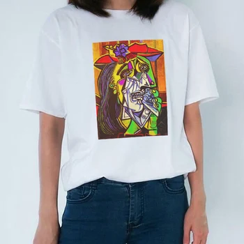 Kuakuayu HJN Vintage Mados Moterų Picasso Verksmas Moteris, Tapybos Marškinėlius Vasaros Medvilnės Atsitiktinis Negabaritinių Marškinėlius Mielas Pop Art Viršų
