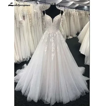 Lakshmigown Balto Tiulio, Nėrinių Ilgai Oficialų Suknelė Spagečiai Dirželiai Vestuvių Suknelė Chalatas de mariee