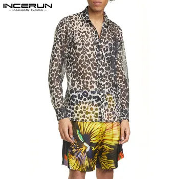 Leopardas Spausdinti Vyrų Marškinėliai Skaidrus Atvartas ilgomis Rankovėmis Chic Seksualus Mygtuką Šalies Naktinių Marškinėlių Mada Streetwear Camisas INCERUN