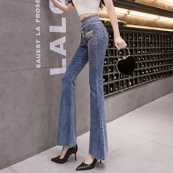 Mados moteriški džinsai 2020 m. rudens ir žiemos naujų aukštos juosmens slim-breasted bootcut džinsai kelnės