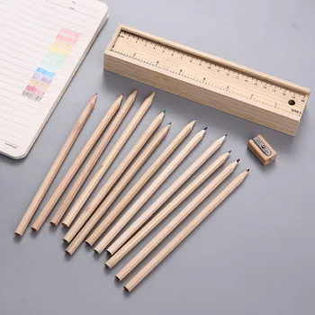 Medinis pieštukų dėžutė pull-out papuošalai šiukšles talpinimo raštinės reikmenų dėžutė su medinių pieštukų drožtukas Užsakymą dovanos, 12 spalvų pieštukų