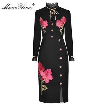 MoaaYina Mados Dizaineris suknelė Pavasarį, Rudenį Moterų Suknelė Stovėti apykakle ilgomis rankovėmis Gėlių Siuvinėjimo Rinkinį sėdmenų Suknelės
