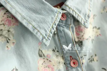 Moterys rudens mados slim ilgomis rankovėmis vandens plovimo gėlių spausdinti džinsinio marškinėliai moteriška madinga plius dydis jean medvilnės atsitiktinis palaidinė